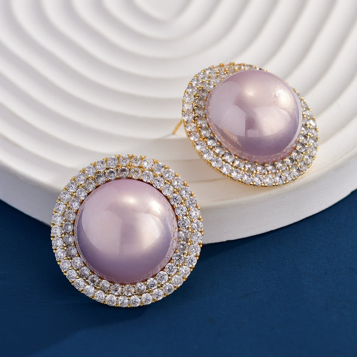 Purple Freshwater Pearl Zirconia Round Stud Earrings