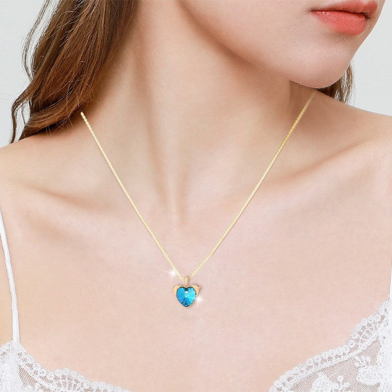 Double Dolphin Blue Crystal Heart Pendent Necklace