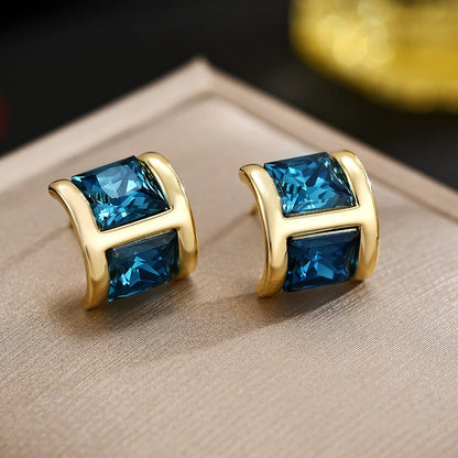 Blue Crystal Semi Arc Stud Earrings