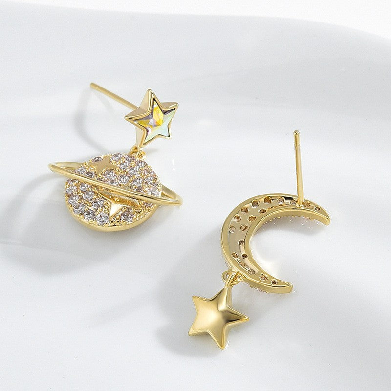 Earth and Moon Star Asymmetrical Dangling Stud Earrings