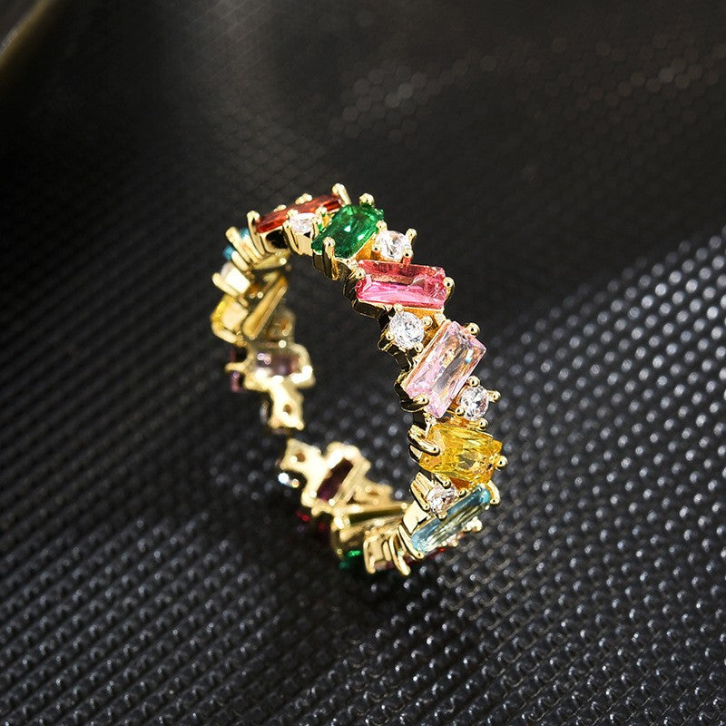 Rainbow Baguette Zirconia Gold Open Ring