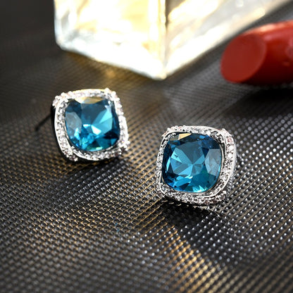 Square Blue Crystal Sapphire Stud Earrings