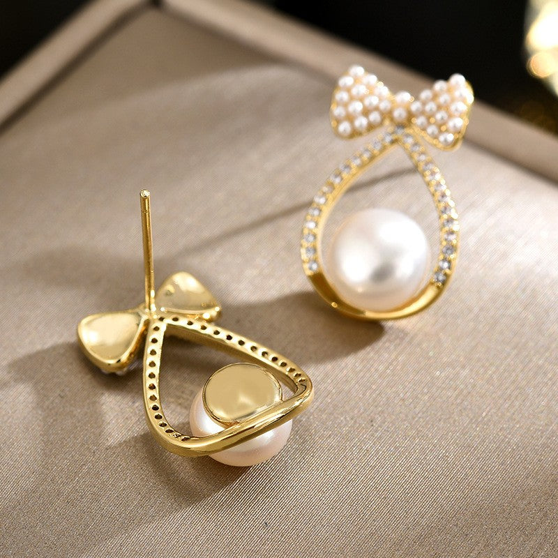 Freshwater Pearl Bow Tie Zircon Stud Earrings