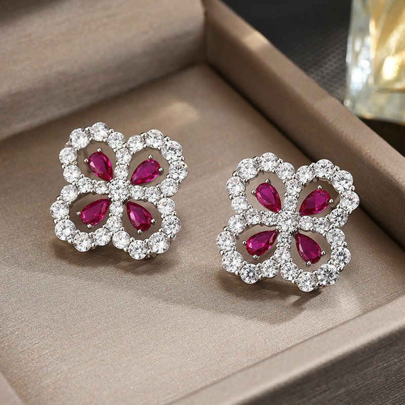 Full Zirconia Sapphire Clover Stud Earrings