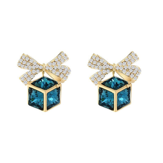 Blue Crystal Cube Sapphire Ribbon Stud Earrings