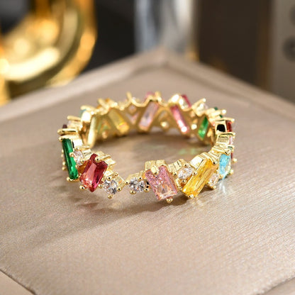 Rainbow Baguette Zirconia Gold Open Ring