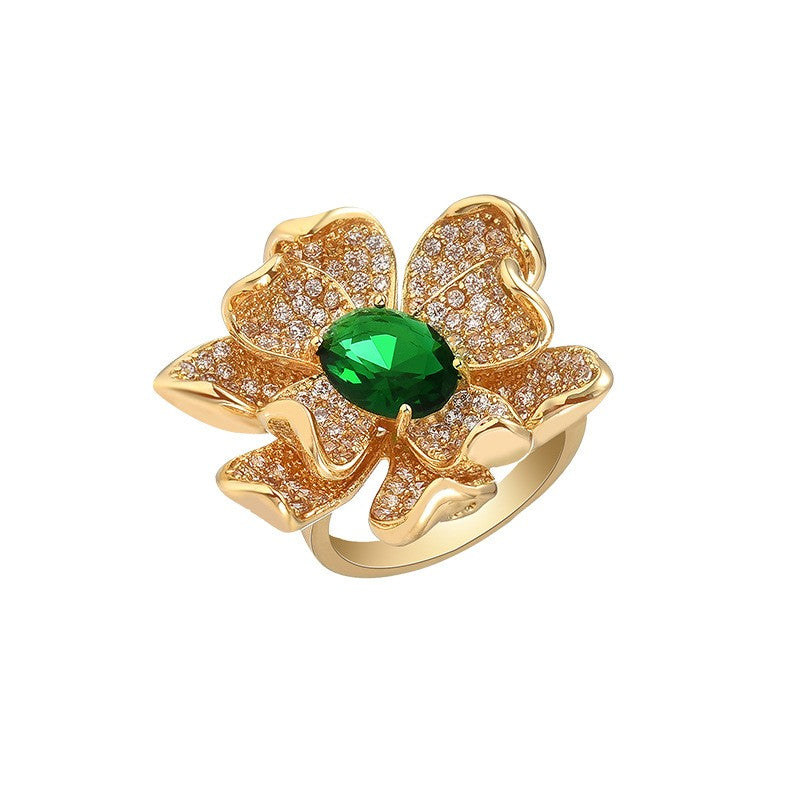 Emerald Camellia Open Ring