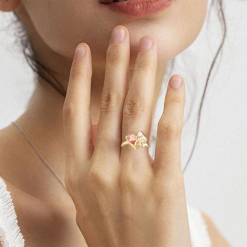 Heart Ribbon Pearl Open Ring