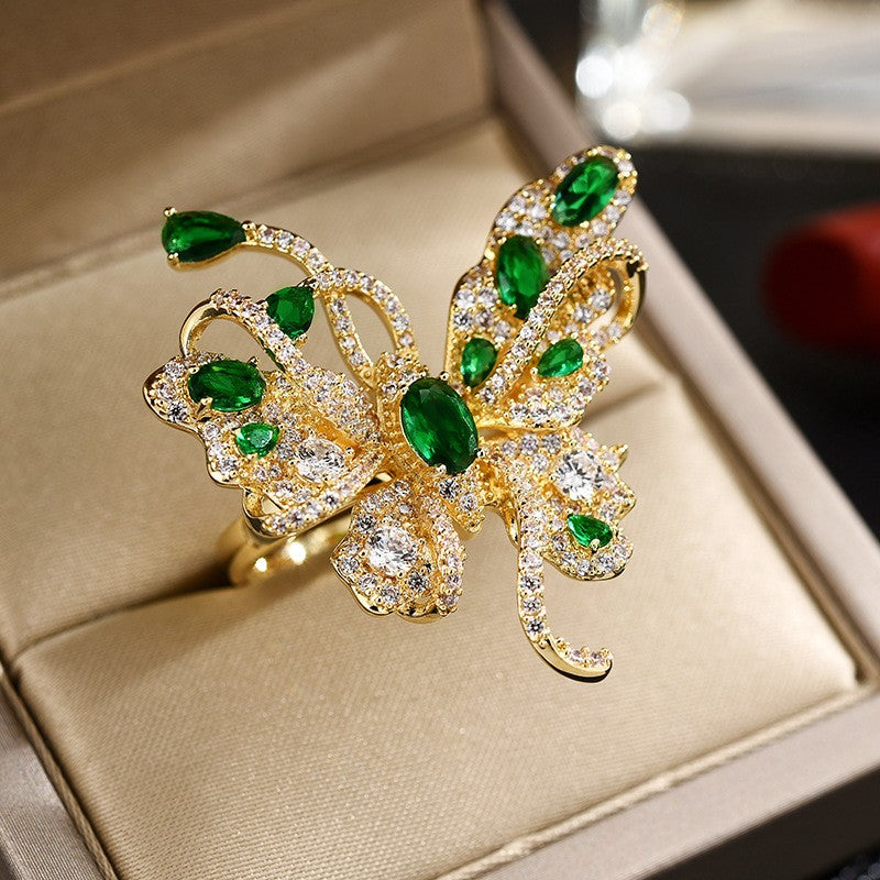 Emerald Zirconia Butterfly Open Silver Ring