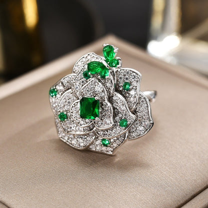 Emerald Butterfly Flower Open Ring