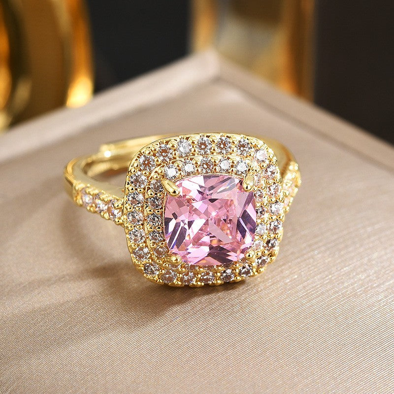 Square Pink Oval Zircon Open Ring