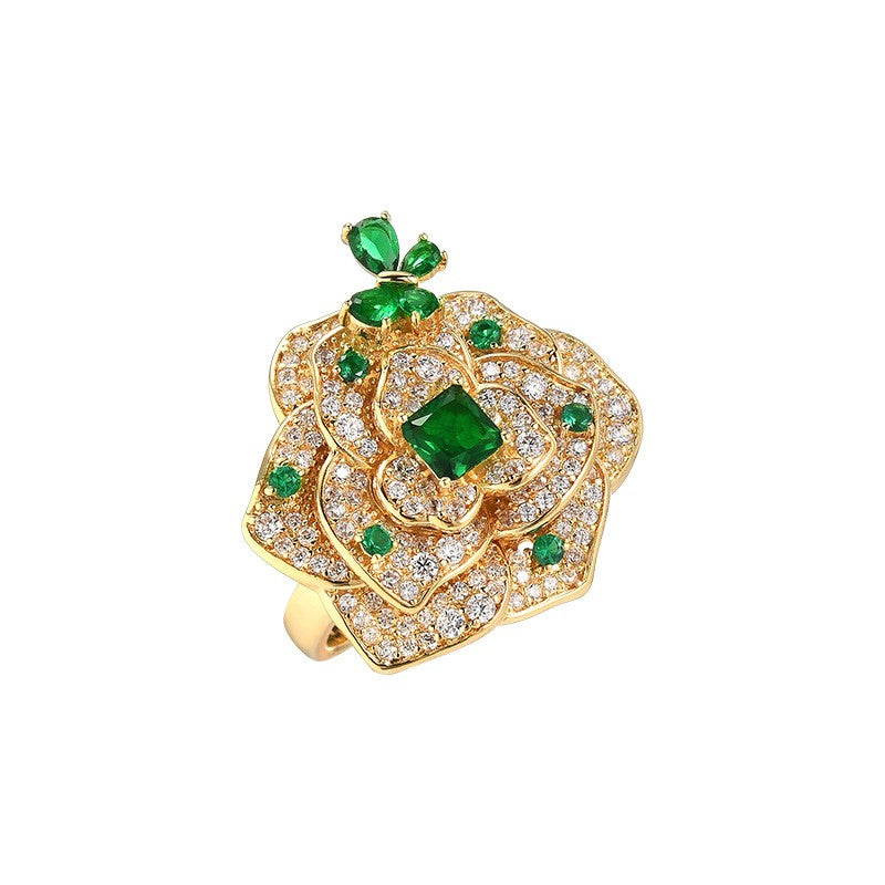 Emerald Butterfly Flower Open Ring