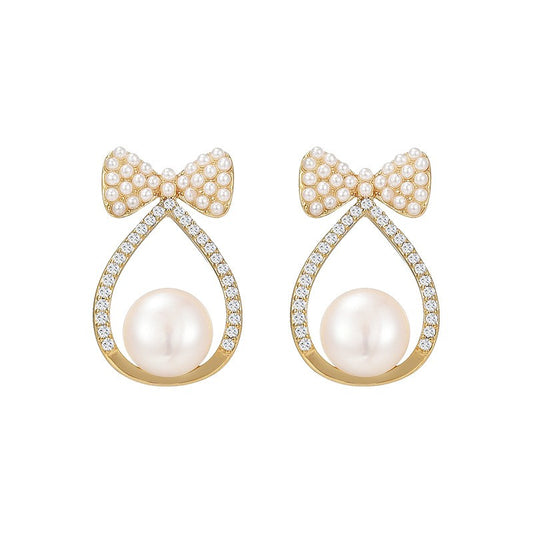 Freshwater Pearl Bow Tie Zircon Stud Earrings