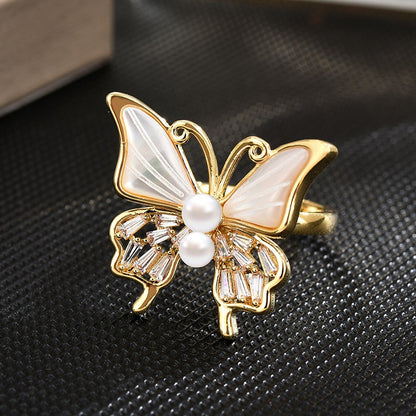 Pearl and Mother of Pearl Butterfly Open Gold Ring