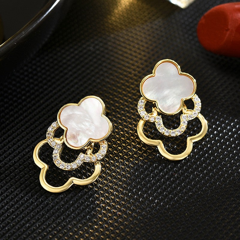 Trio Mother of Pearl Clover Zirconia Stud Earrings