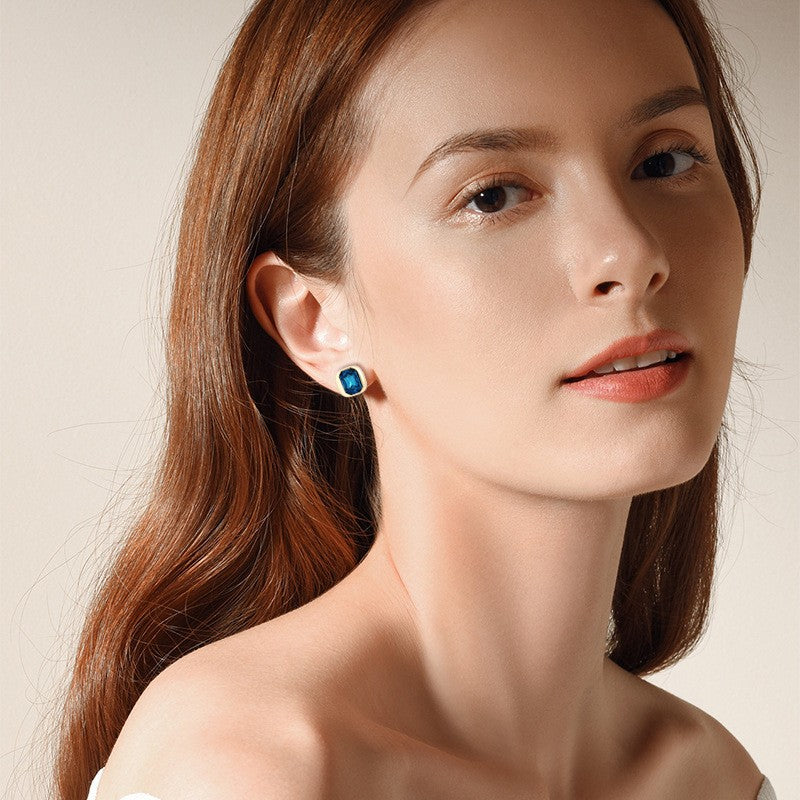 Rectangle Blue Crystal Stud Earrings