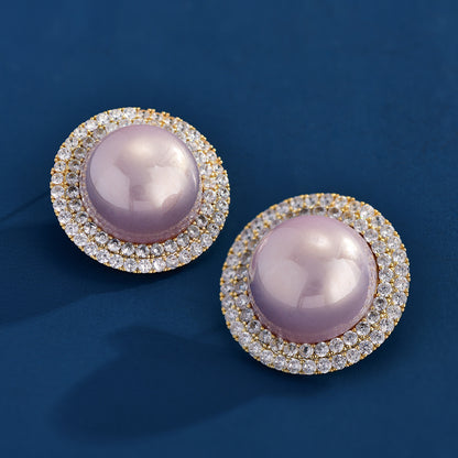 Purple Freshwater Pearl Zirconia Round Stud Earrings