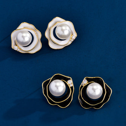 Freshwater Pearl Black Rose Stud Earrings