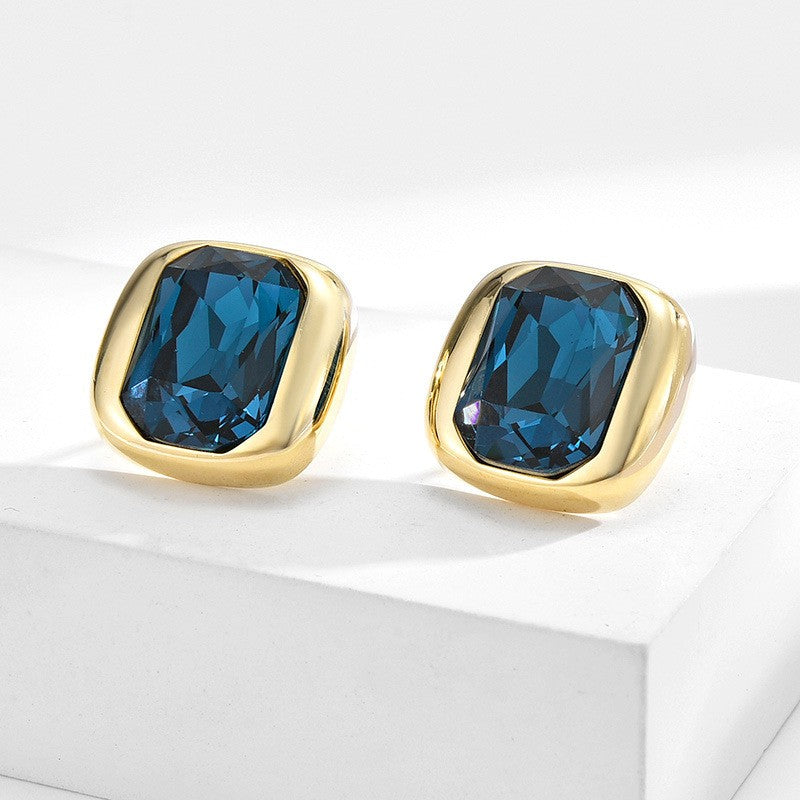 Rectangle Blue Crystal Stud Earrings