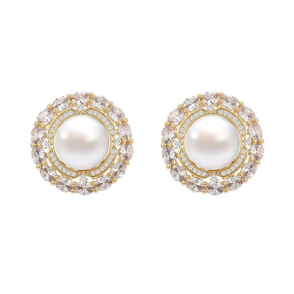 Freshwater Pearl Round Full Zirconia Stud Earrings