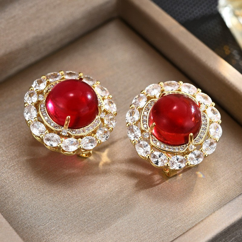 Circle Ruby Zircon Stud Earrings