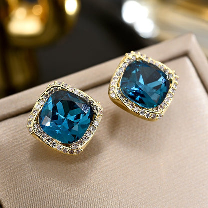 Square Blue Crystal Sapphire Stud Earrings