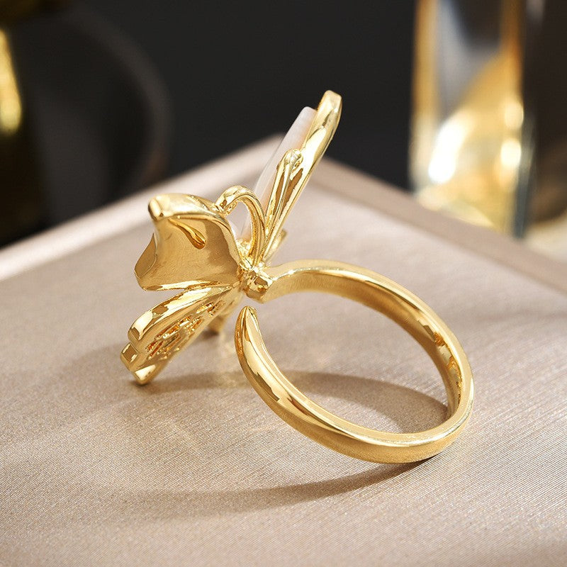 Pearl and Mother of Pearl Butterfly Open Gold Ring