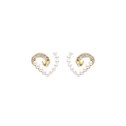 Pearl Zirconia Heart Stud Earrings