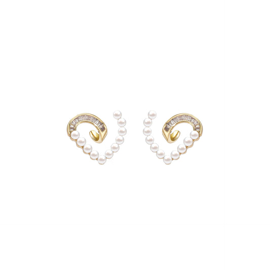 Pearl Zirconia Heart Stud Earrings