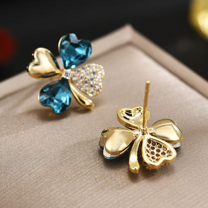 Blue Crystal Zircon Clover Stud Earrings