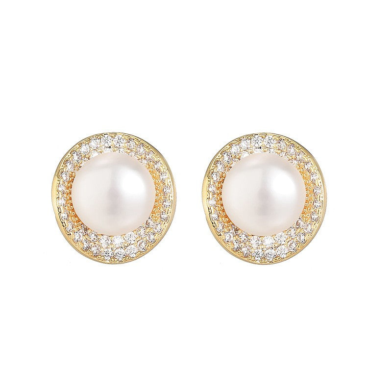 Freshwater Pearl Zirconia Round Stud Earrings