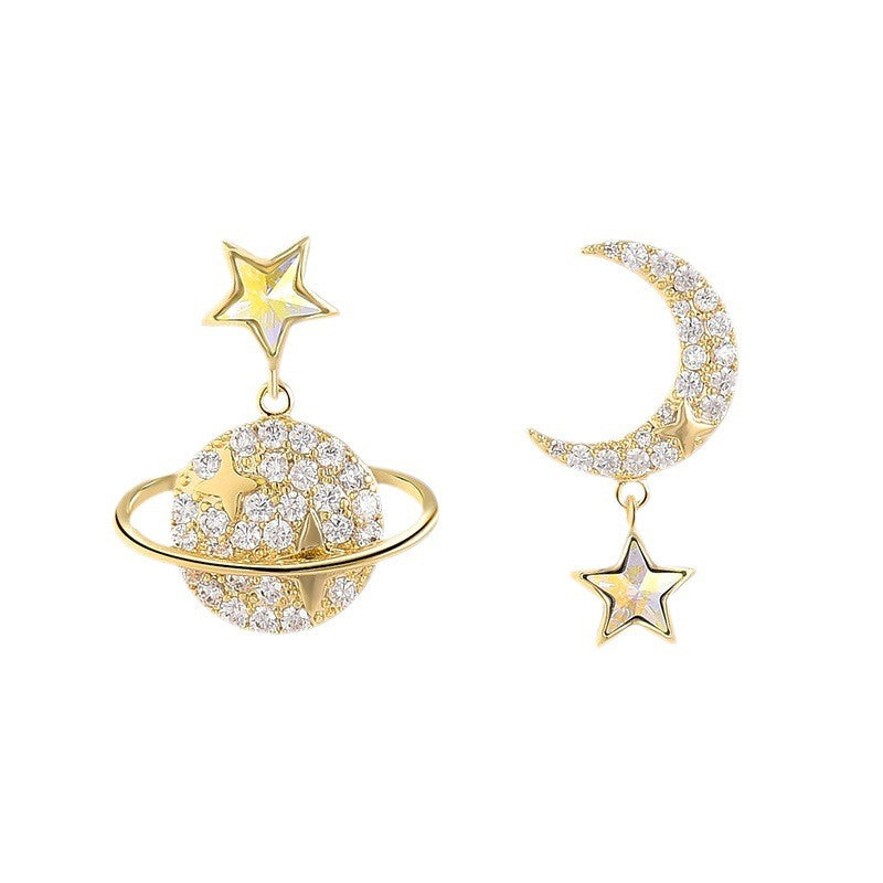 Earth and Moon Star Asymmetrical Dangling Stud Earrings