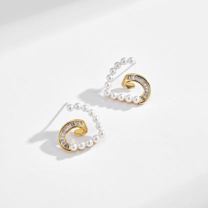 Pearl Zirconia Heart Stud Earrings