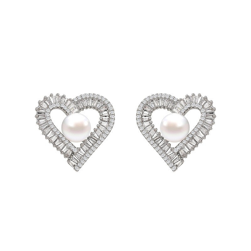 Freshwater Pearl Baguette Zirconia Heart Stud Earrings