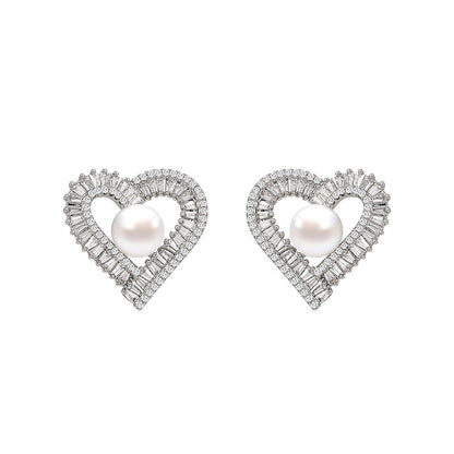 Freshwater Pearl Baguette Zirconia Heart Stud Earrings