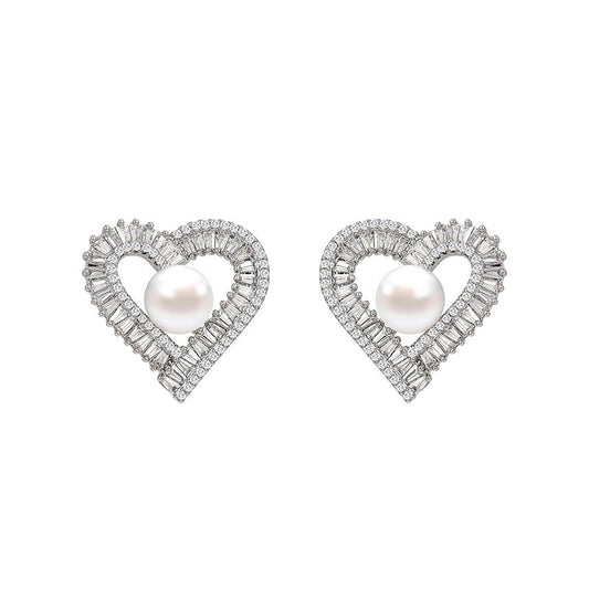 Freshwater Pearl Baguette Zirconia Heart Stud Earrings