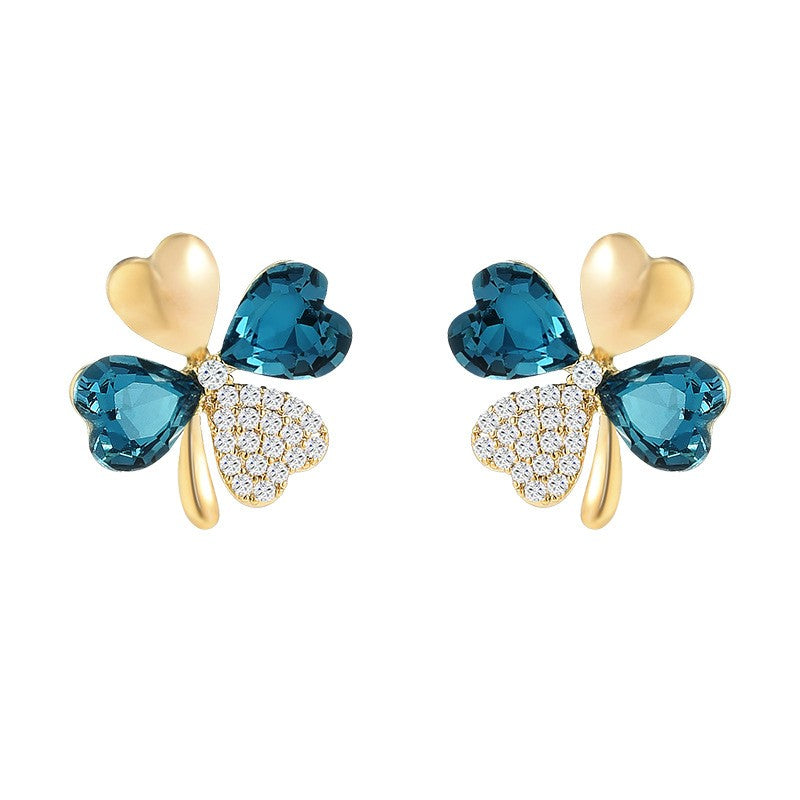 Blue Crystal Zircon Clover Stud Earrings