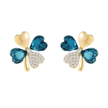 Blue Crystal Zircon Clover Stud Earrings