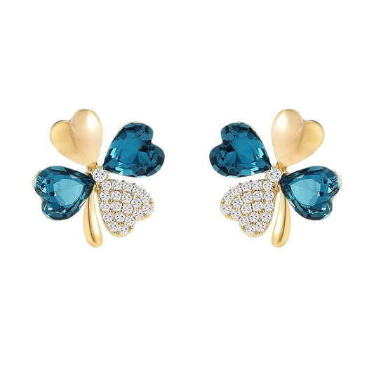 Blue Crystal Zircon Clover Stud Earrings