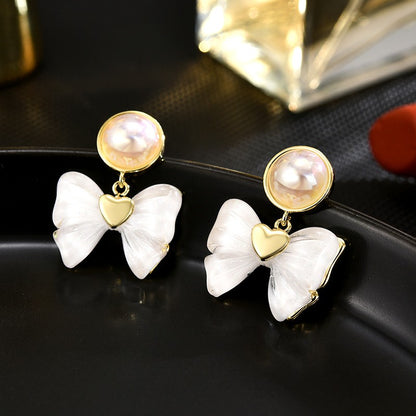 Freshwater Pearl Heart Ribbon Stud Earrings