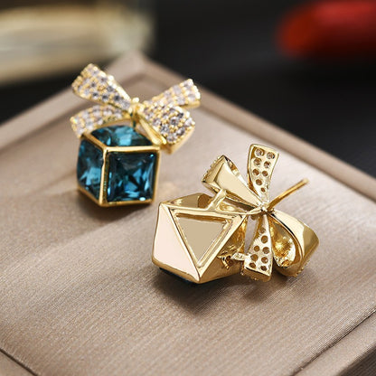 Blue Crystal Cube Sapphire Ribbon Stud Earrings