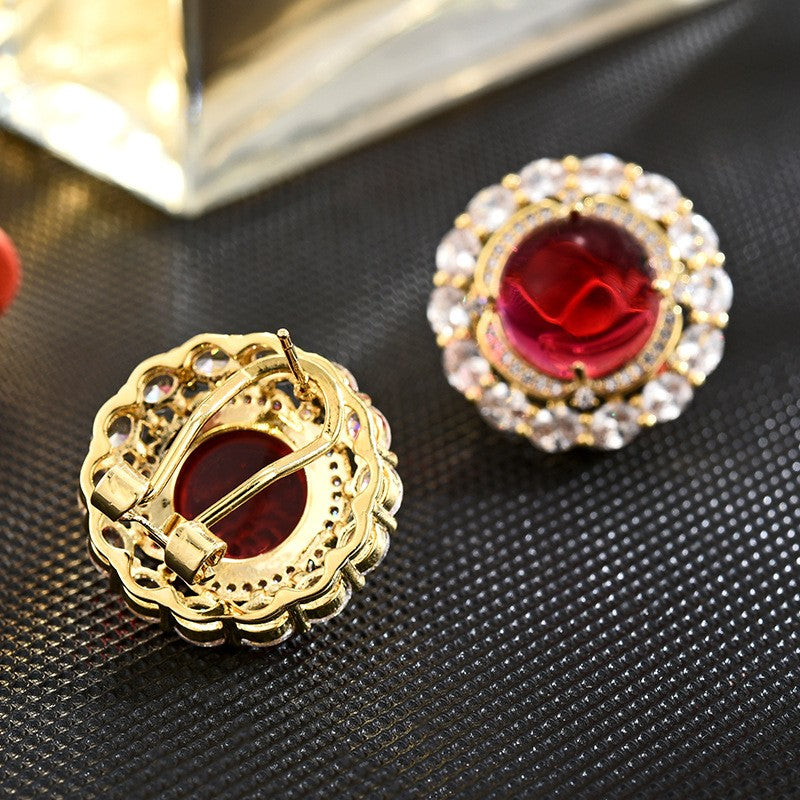 Circle Ruby Zircon Stud Earrings