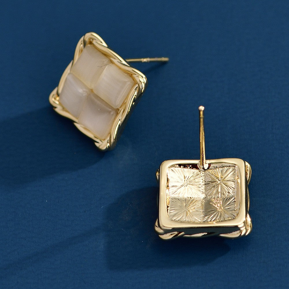 Moonstone Croissant Square Stud Earrings