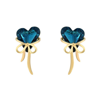 Blue Crystal Heart Sapphire Ribbon Stud Earrings