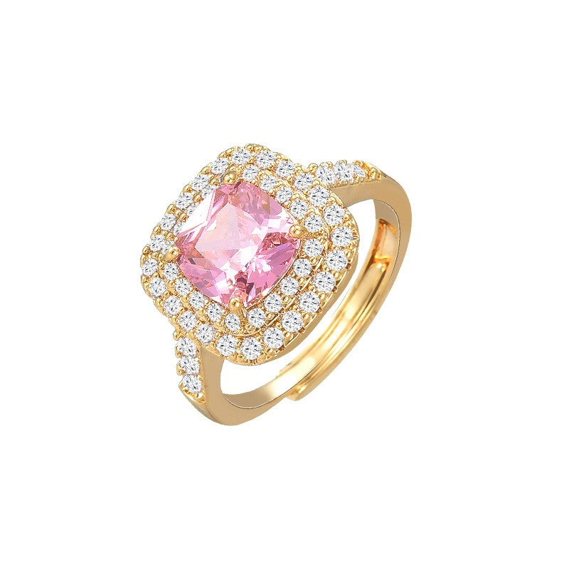 Square Pink Oval Zircon Open Ring