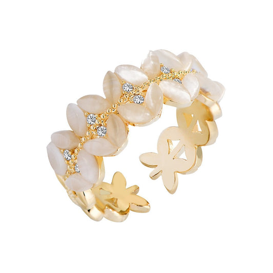 Moonstone Clover Zirconia Gold Open Ring