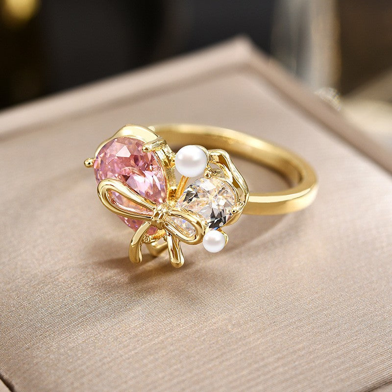 Heart Ribbon Pearl Open Ring