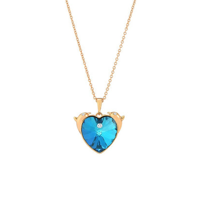 Double Dolphin Blue Crystal Heart Pendent Necklace