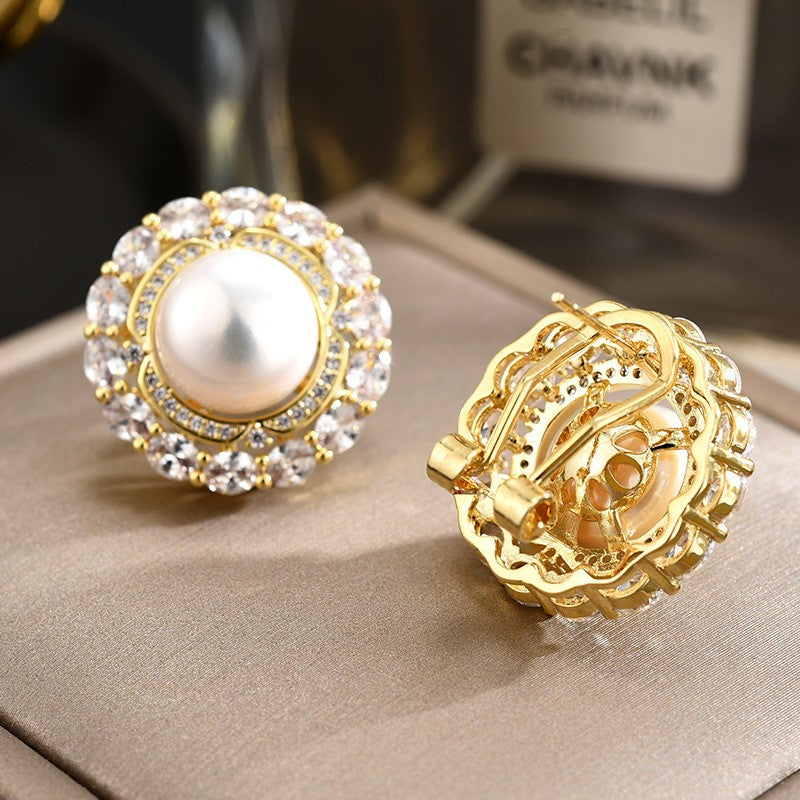 Freshwater Pearl Round Full Zirconia Stud Earrings