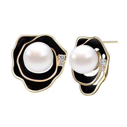 Freshwater Pearl Black Rose Stud Earrings